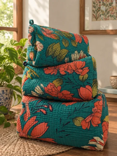 Vibrant Quilted Tropical Floral Beauty Bag Set– Cosmetic Pouches | Maison Neela