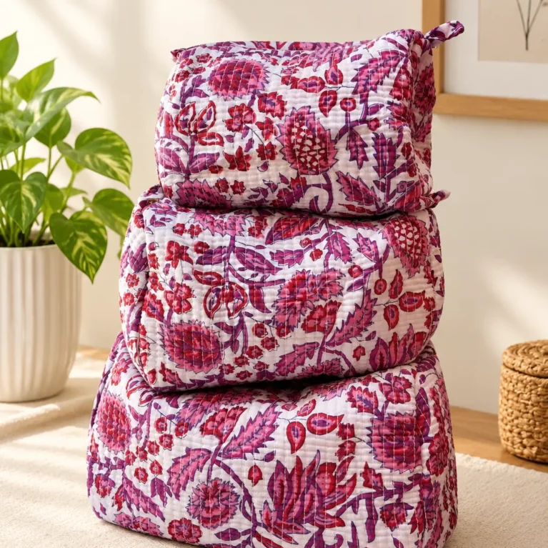 Pink Floral Beauty Bag Set– Cosmetic Pouches | Maison Neela